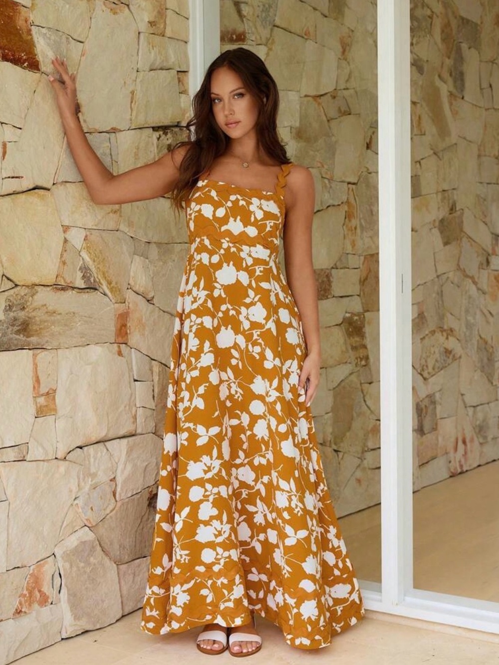 Women’s Orange & White Floral Ric Rac Maxi Dress 🧡